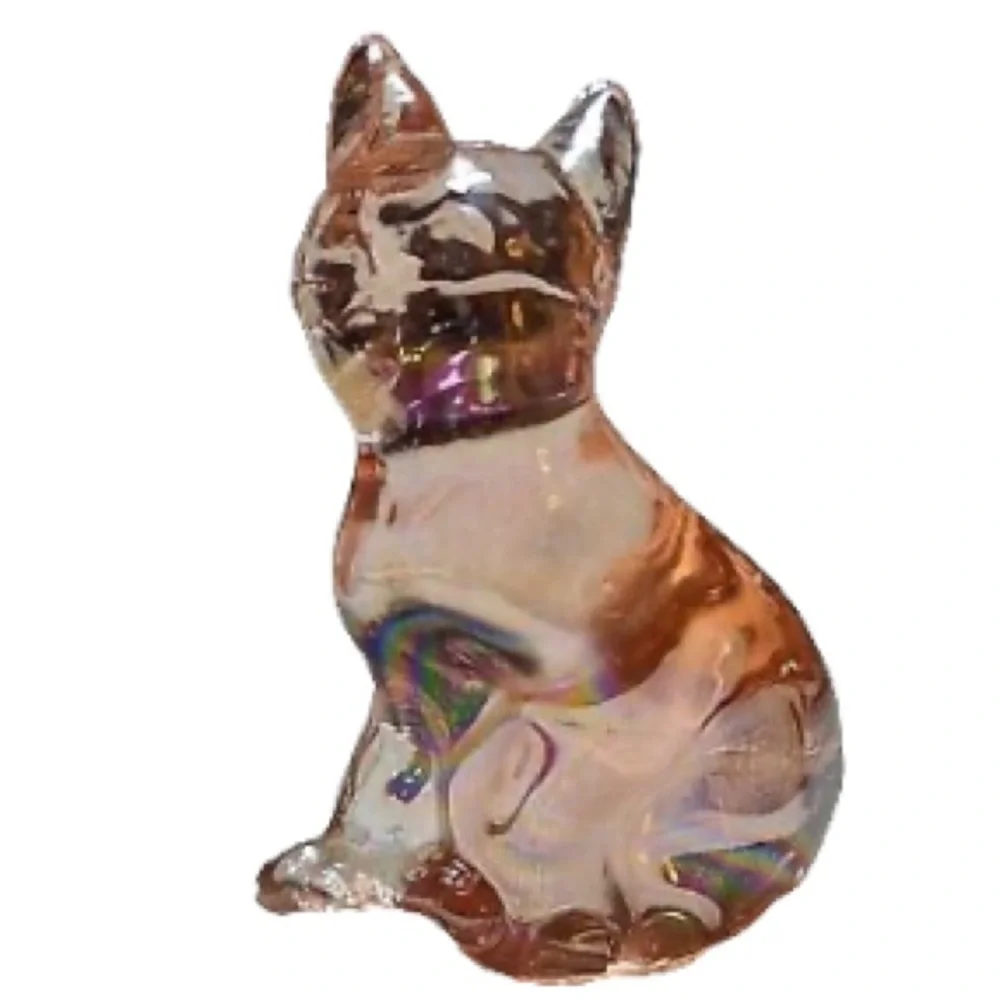 Vintage Fenton Iridescent Pink Glass Cat Kitten Collectible Decor Paperweight